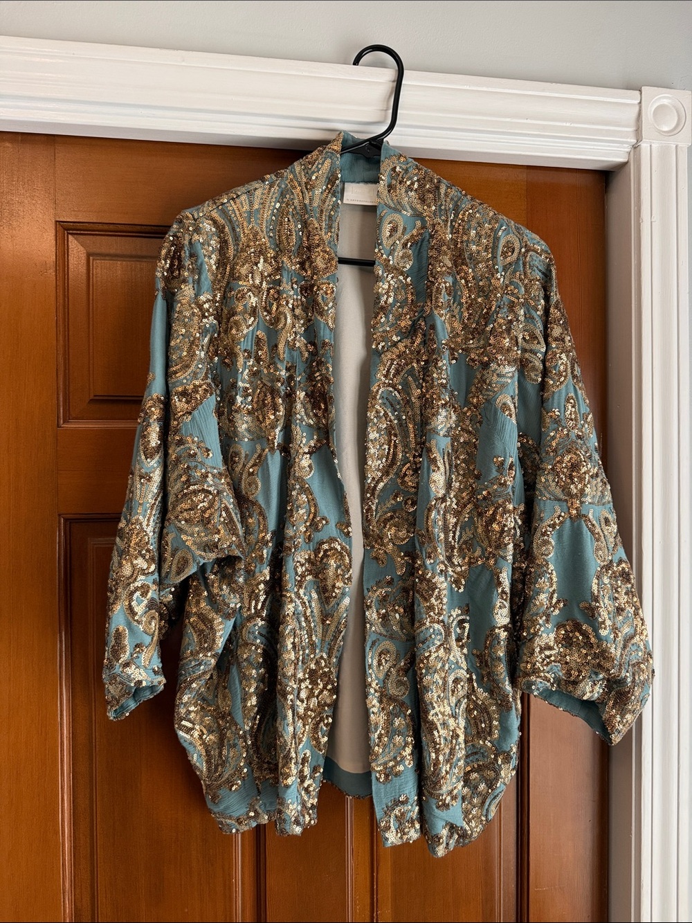 Anthropologie Sequined Paisley Open-Front Kimono Blazer in Teal and Gold